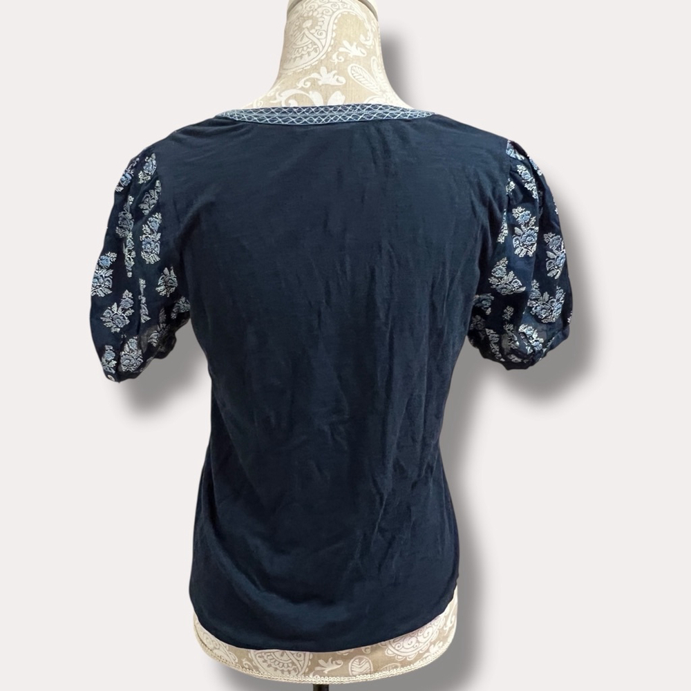 Lucky Brand Boho Peasant Top Navy Blue Floral Short Sleeve V Neck Women S/P - Picture 10 of 13